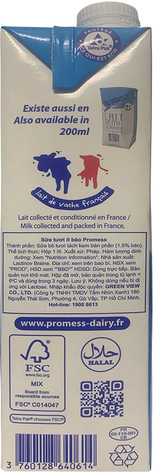 Sữa tươi Promess Pháp Ít béo hộp 1 Lít