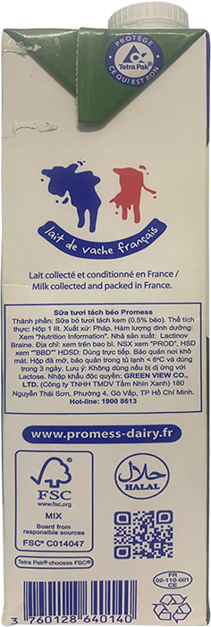 Sữa tươi Promess Pháp Không béo hộp 1 Lít