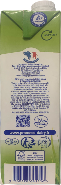 Sữa tươi Promess Pháp Organic Nguyên kem hộp 1 Lít